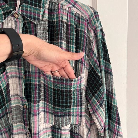 Free People The Voyage Shirtdress Mini. Oversized Pink Grey Turquoise Plaid XS - Picture 9 of 16